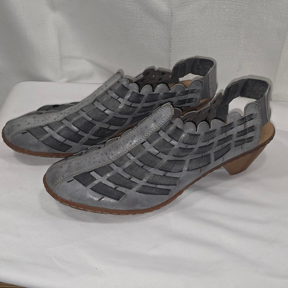 Rieker Antistress Grey Leather Woven Cage Slingback Block‎ Heel Sandals Size 41